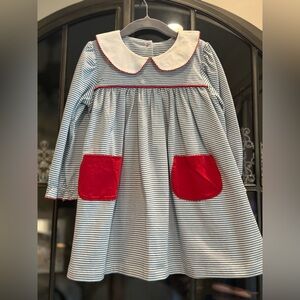 Shrimp & Grits Kids Striped Dress with Red Pockets and White Collar